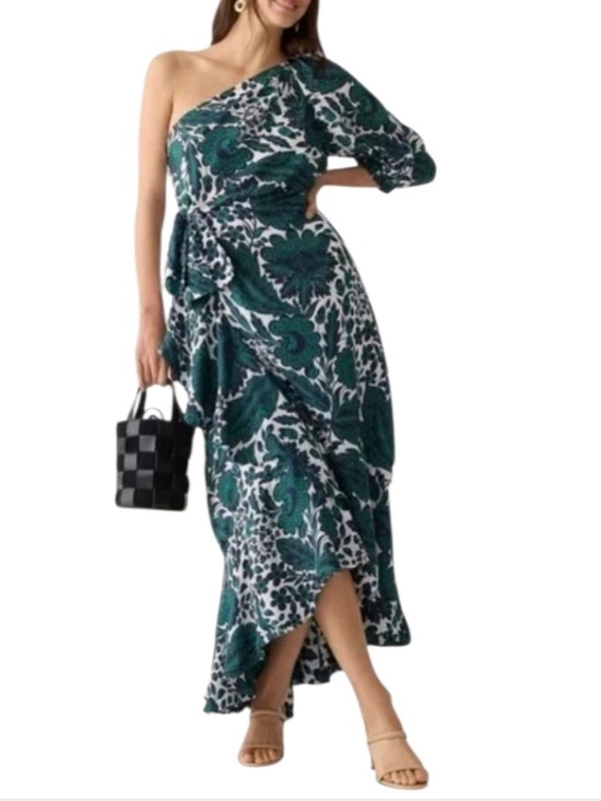 Dresses & Skirts - J. Crew Silky One Shoulder Ruffle Hem Dress Size 24 Emerald Navy Floral Formal